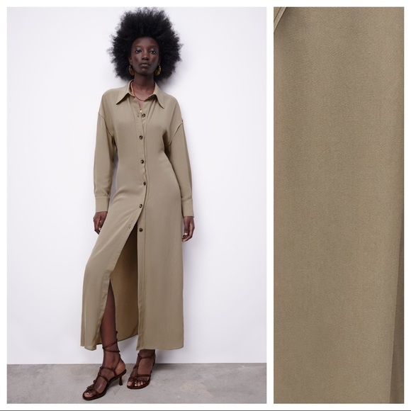 Zara Dresses & Skirts - NWT Zara Limited Edition Khaki 100% Viscose Longline Collared Shirt Dress Size S
